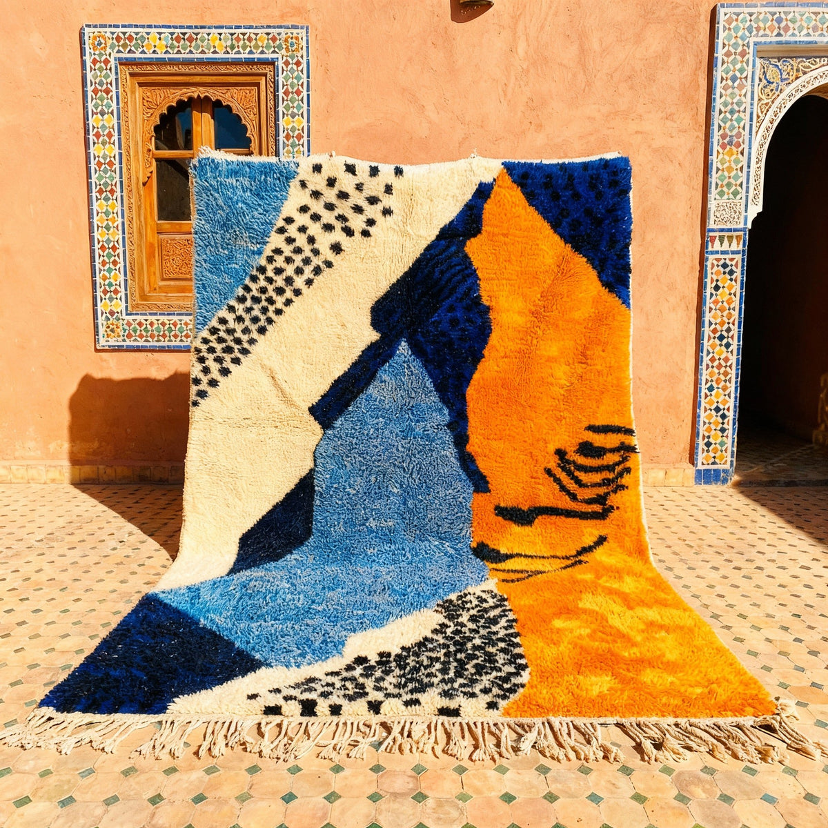 Blue, Ochre & Ivory Abstract Face Shapes Custom Moroccan Rug - Africancreates