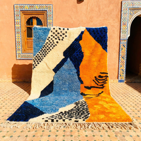 Blue, Ochre & Ivory Abstract Face Shapes Custom Moroccan Rug - Africancreates