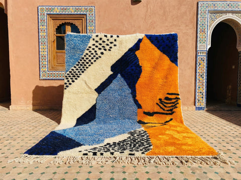 Blue, Ochre & Ivory Abstract Face Shapes Custom Moroccan Rug - Africancreates