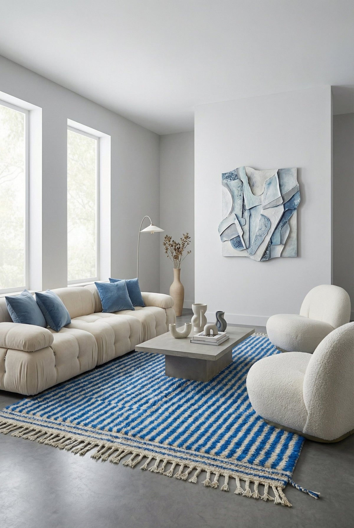 Lifestyle view of a blue striped Moroccan rug with fringe edges displayed in a natural environment.