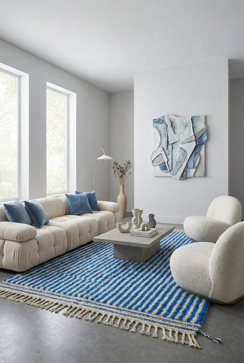 Lifestyle view of a blue striped Moroccan rug with fringe edges displayed in a natural environment.