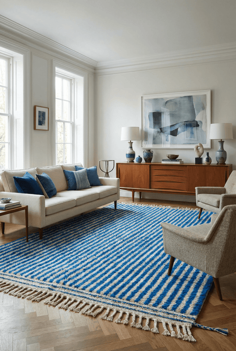 Lifestyle shot of a blue striped Moroccan rug with fringe edges in a natural setting.