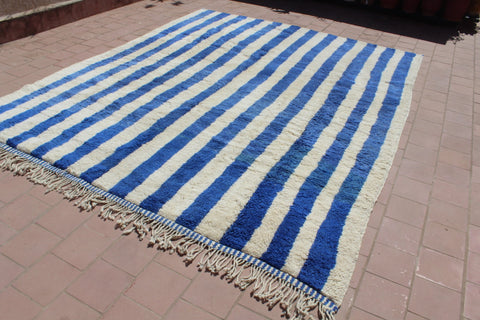 Lifestyle image of a blue striped rug showcasing its fringed edges.