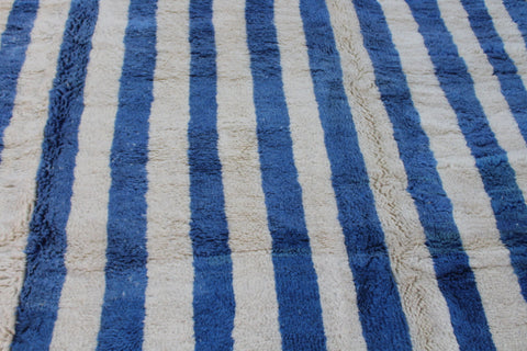 Detail view of a blue striped rug showcasing its woven texture.