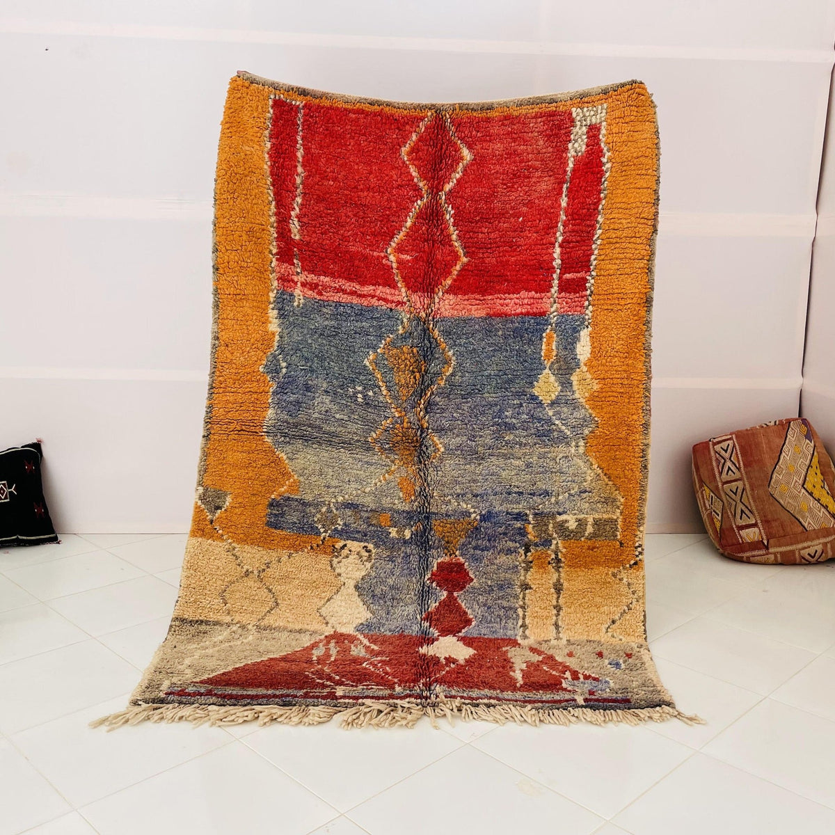 Front view showcasing the vibrant colors of the abstract Moroccan rug.