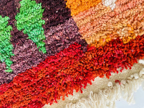 Close-up of the edge of the rug featuring a textured design in red, orange, and green.