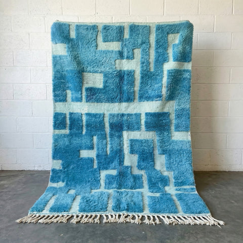 Bright Blue & Ivory Rectilinear Paths Custom Moroccan Rug - Africancreates