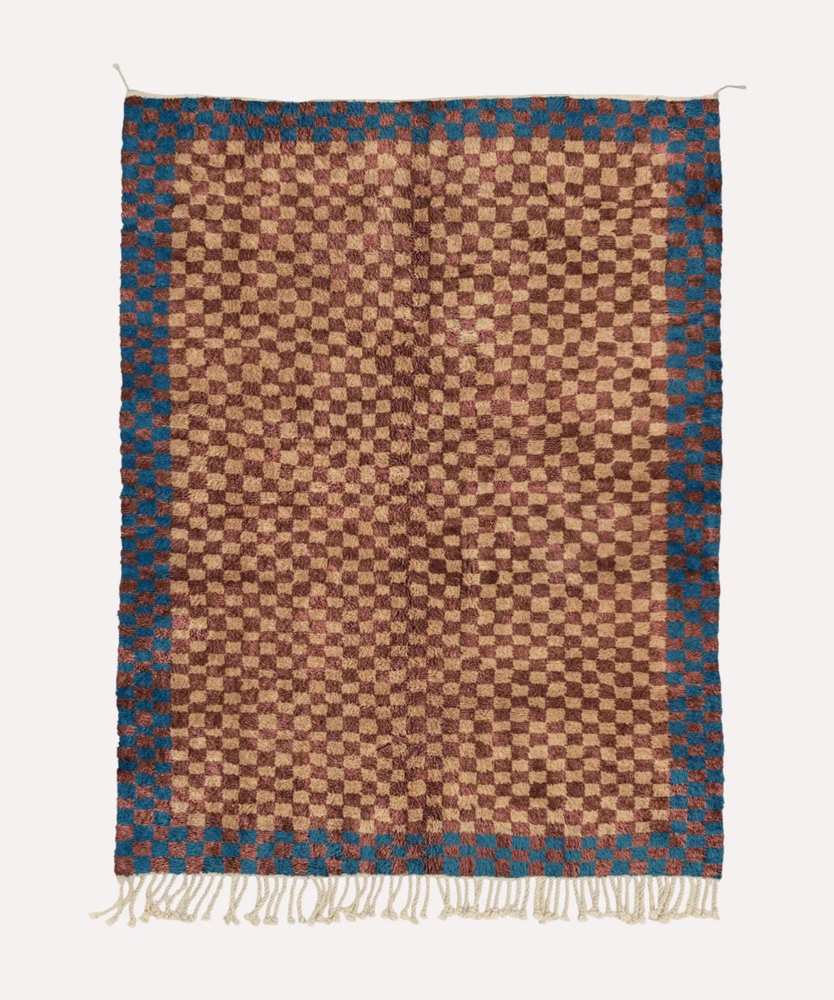 Brown & Tan Microchecks Blue Red Border Custom Moroccan Rug - Africancreates