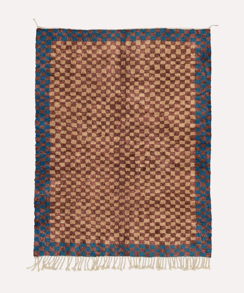 Brown & Tan Microchecks Blue Red Border Custom Moroccan Rug - Africancreates