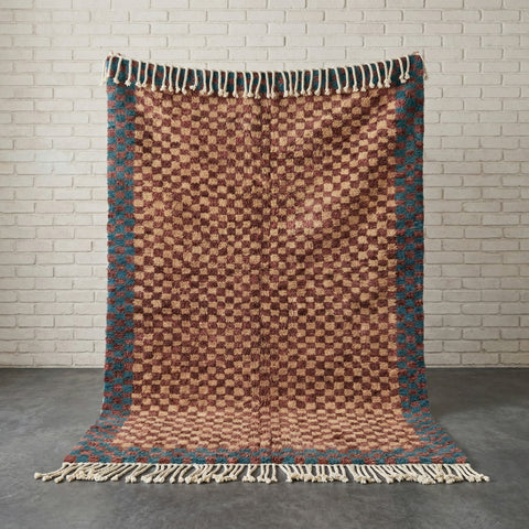 Brown & Tan Microchecks Blue Red Border Custom Moroccan Rug - Africancreates