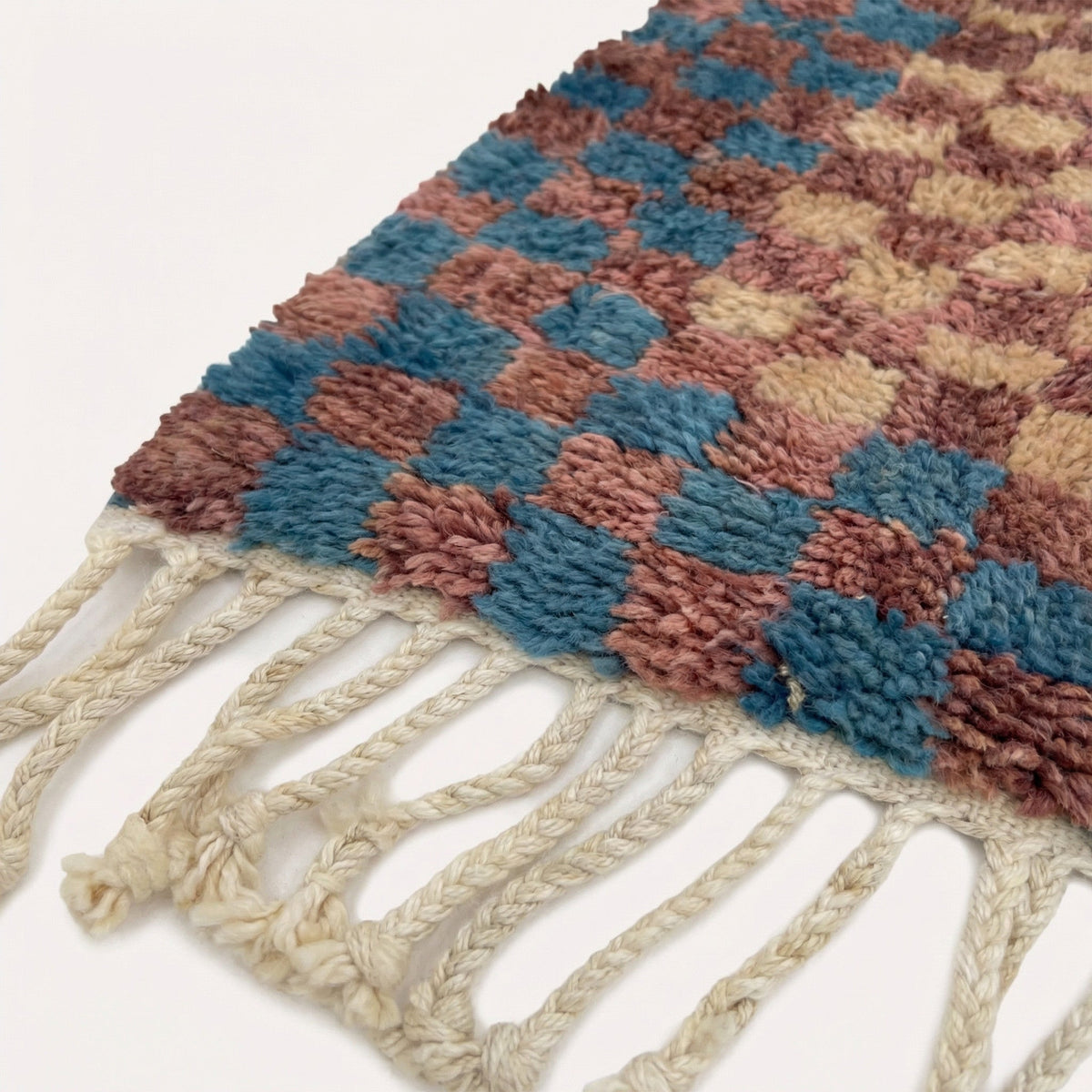 Brown & Tan Microchecks Blue Red Border Custom Moroccan Rug - Africancreates