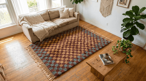 Lifestyle shot of a burgundy checkered Moroccan rug in a living room with wooden furniture.