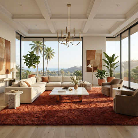 Lifestyle shot of a living room featuring the burgundy red Moroccan rug with decorative plants.