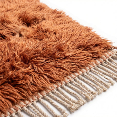 Front view of a burnt orange shag rug showcasing Moroccan design in a studio setting.
