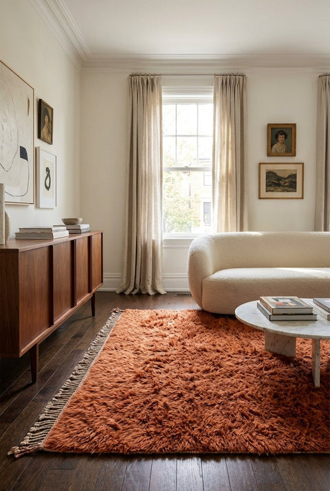Lifestyle shot of a burnt orange shag rug with Moroccan design in a natural setting.