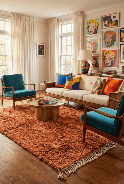 Lifestyle shot of a burnt orange shag rug with Moroccan design in a natural setting.