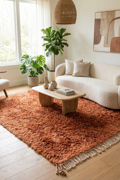 Lifestyle shot of a burnt orange shag rug with Moroccan design in a natural setting.