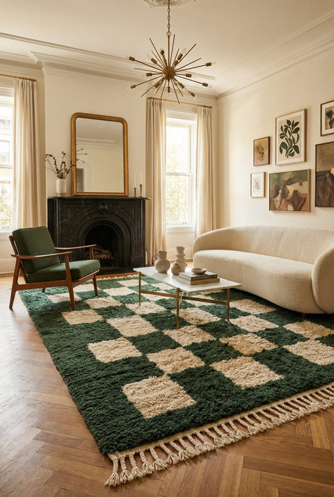 Lifestyle shot of the checkered green rug in a living room setting with decorative elements.
