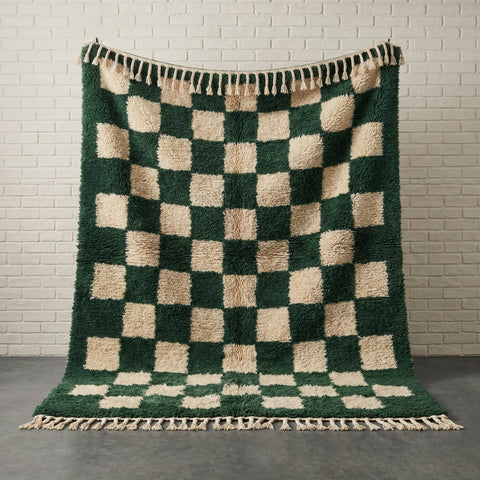 Front view of the checkered green rug featuring a checkered pattern in green and beige.