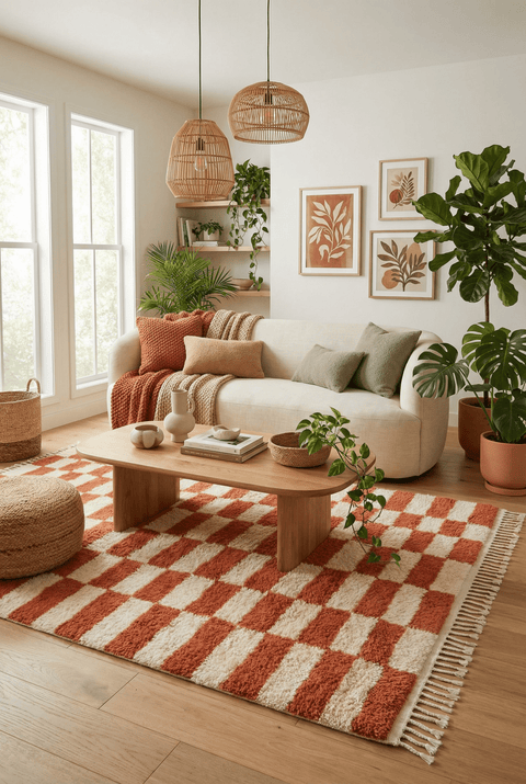 Lifestyle view of a living room with a checkered terracotta rug, wooden coffee table, and plants.