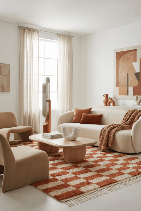 Lifestyle image of a living room showcasing a checkered terracotta rug and minimalist decor with large windows.