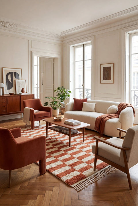 Lifestyle shot of a living room featuring a checkered terracotta rug with wooden furniture and large windows.