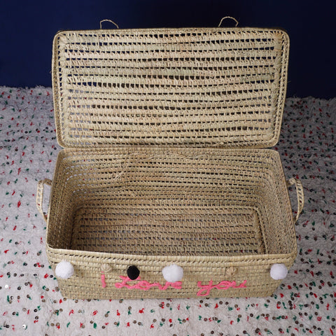 Coffre de rangement en osier - Coffre de rangement et panier en feuille de palmier 80 cm, je t'aime - Africancreates