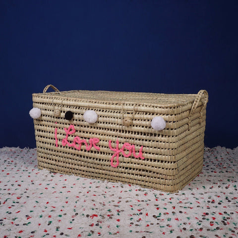 Coffre de rangement en osier - Coffre de rangement et panier en feuille de palmier 80 cm, je t'aime - Africancreates