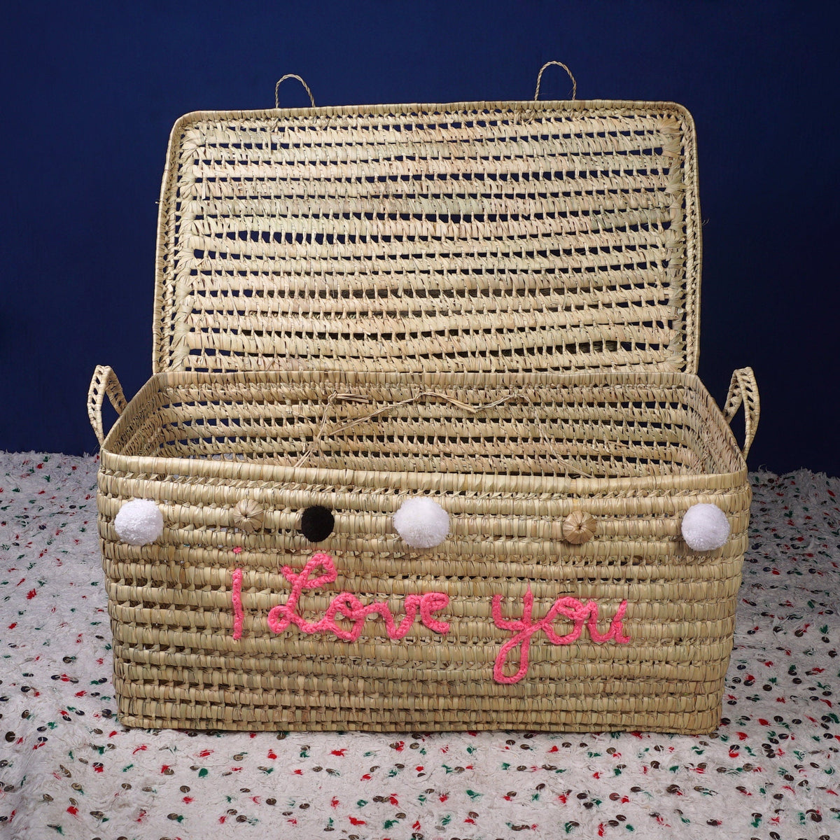 Coffre de rangement en osier - Coffre de rangement et panier en feuille de palmier 80 cm, je t'aime - Africancreates