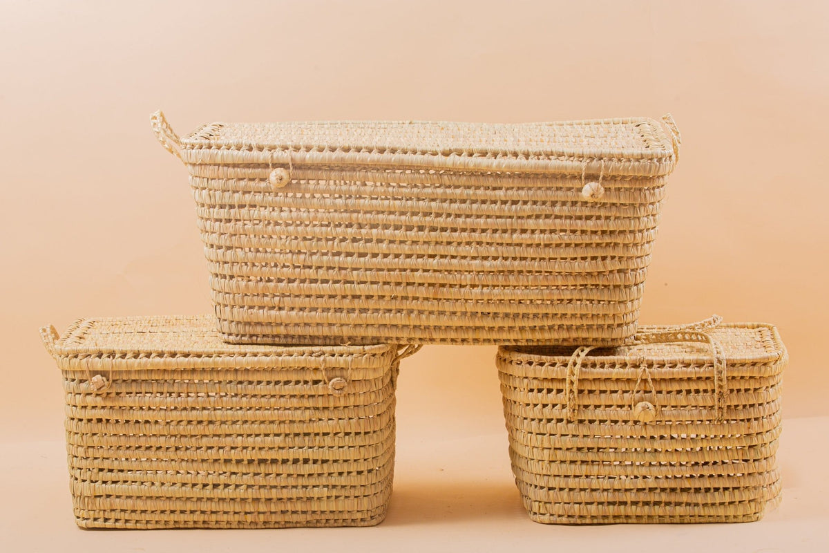 Coffre de rangement Trio en osier - 3 Coffres de rangement en feuilles de palmier Panier de rangement 80+60+50 cm - Africancreates