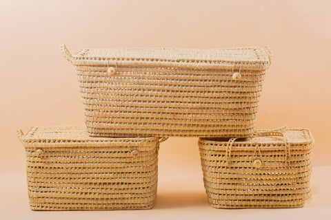 Coffre de rangement Trio en osier - 3 Coffres de rangement en feuilles de palmier Panier de rangement 80+60+50 cm - Africancreates