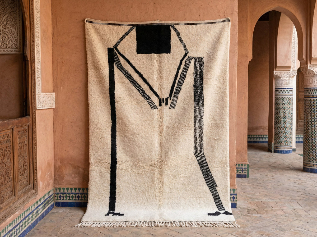 Cream & Black Angular Figure Form Custom Moroccan Rug - Africancreates
