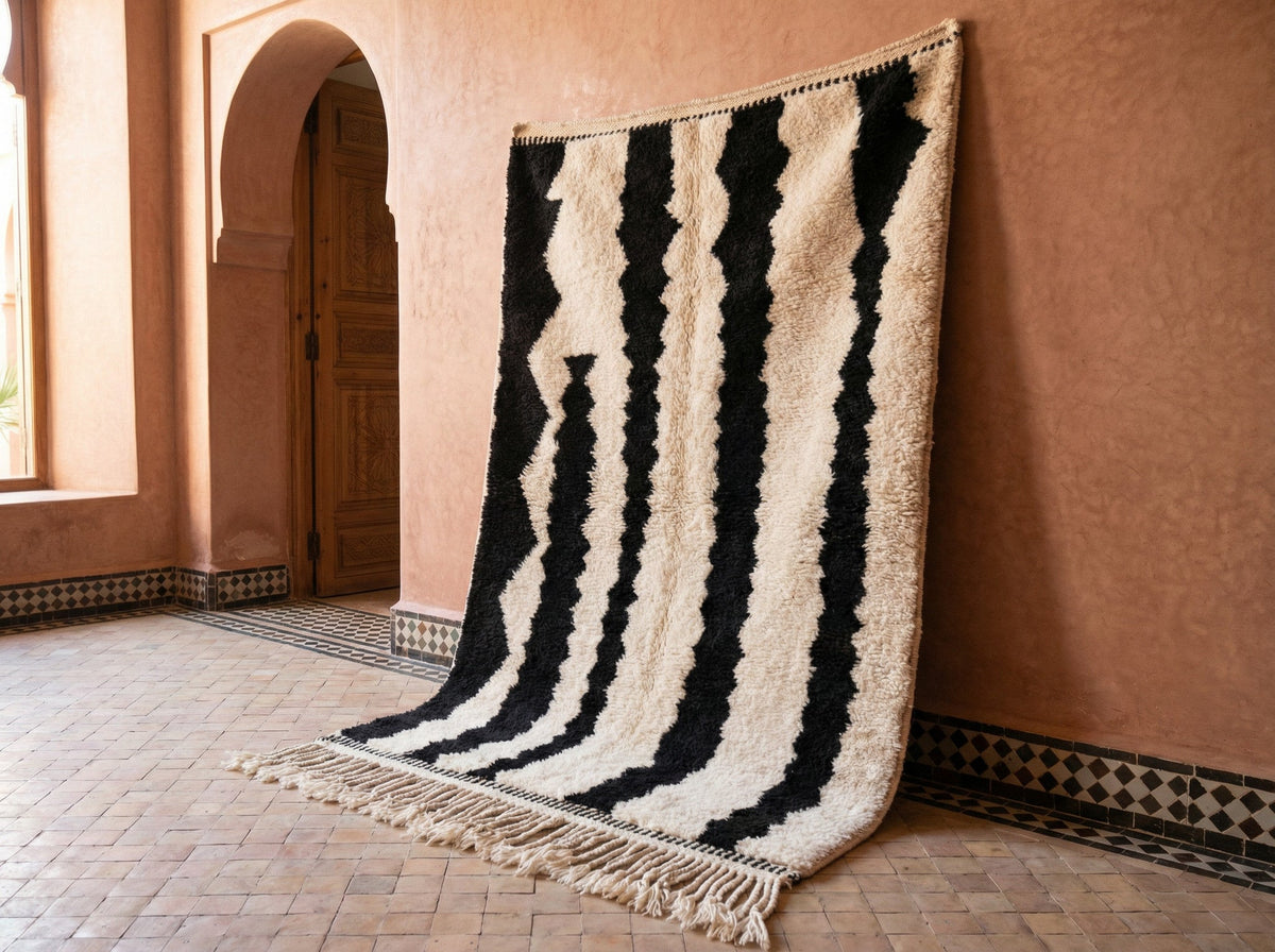 Cream & Black Broad Zigzag Stripes Custom Moroccan Rug - Africancreates