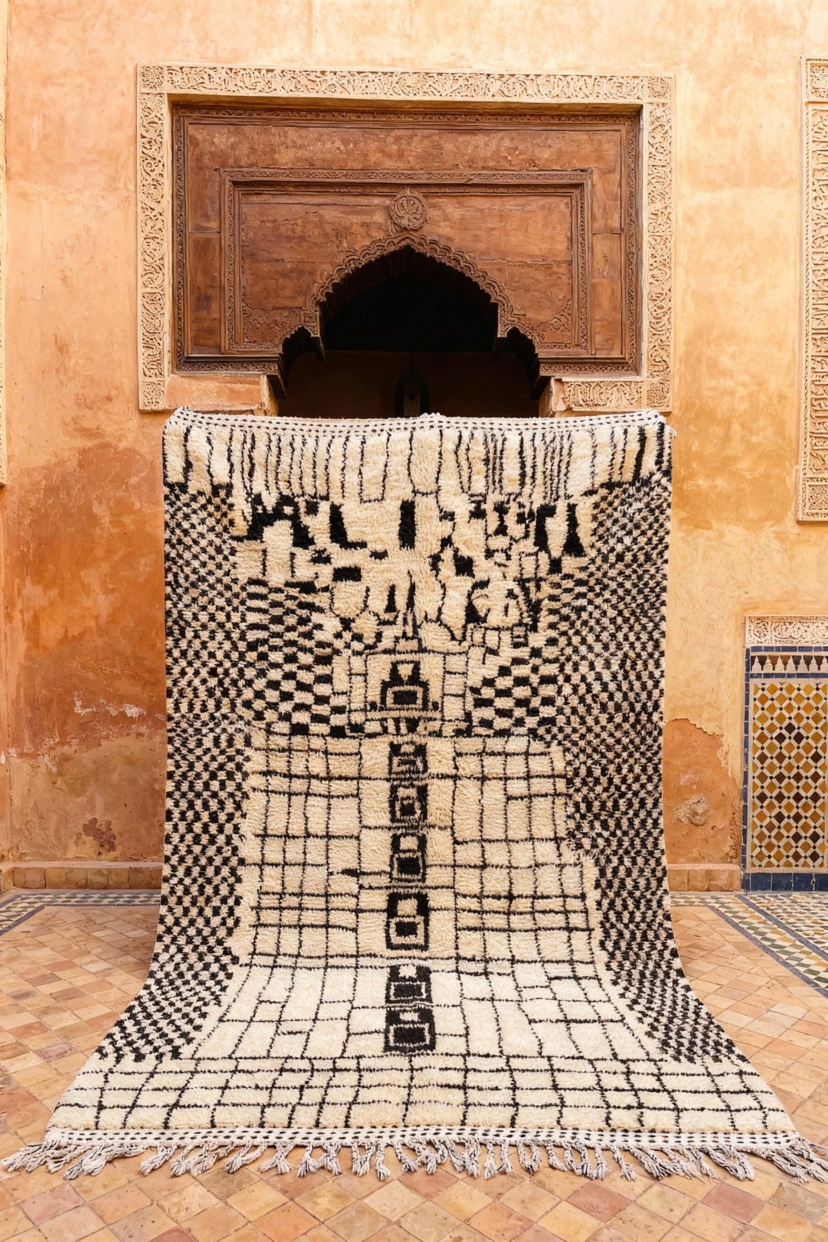Cream & Black Dense Central Geometric Grid Custom Moroccan Rug - Africancreates