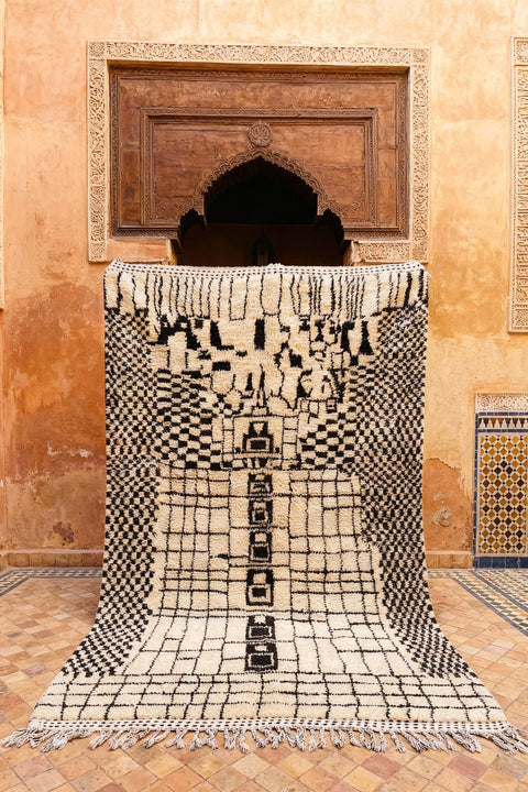 Cream & Black Dense Central Geometric Grid Custom Moroccan Rug - Africancreates