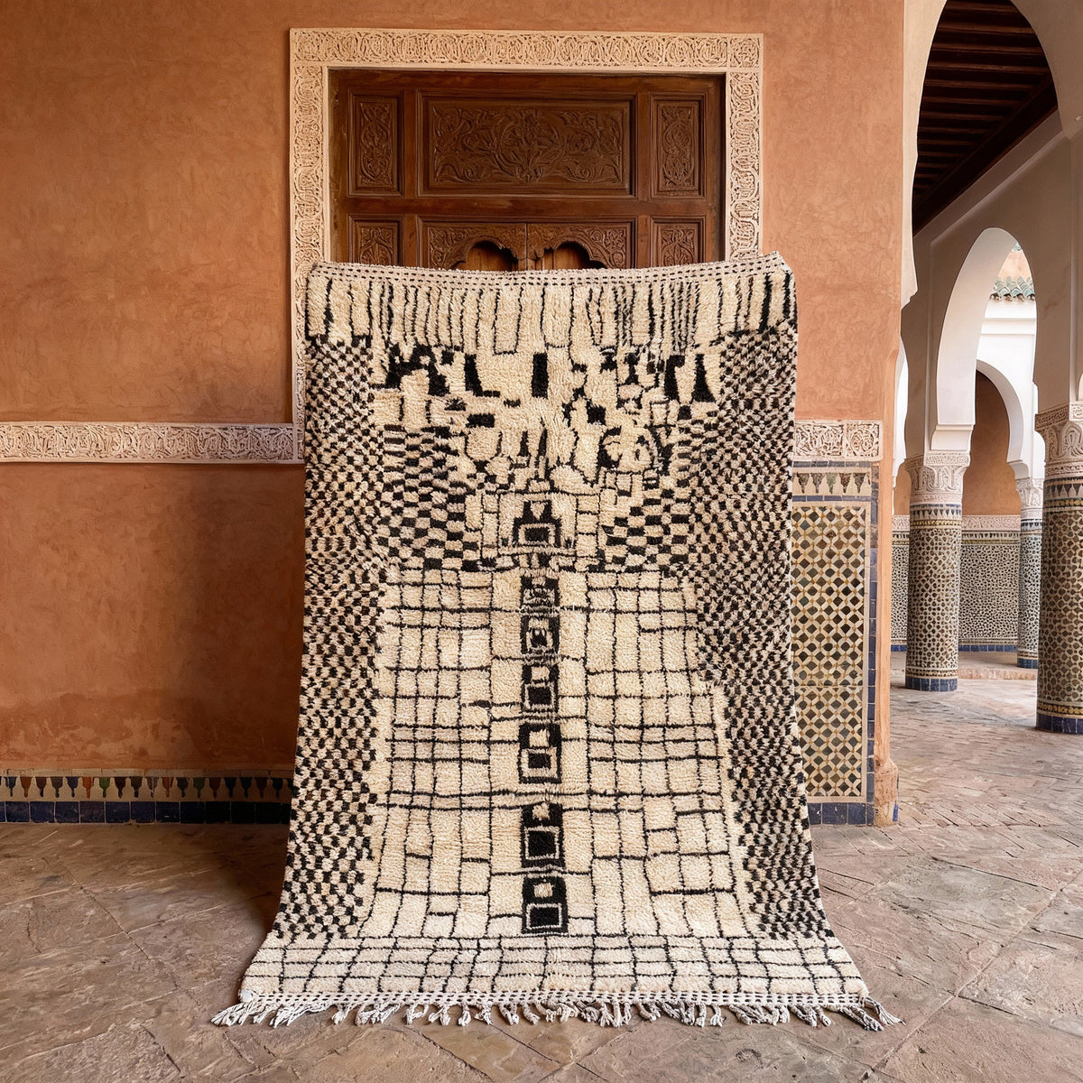 Cream & Black Dense Central Geometric Grid Custom Moroccan Rug - Africancreates