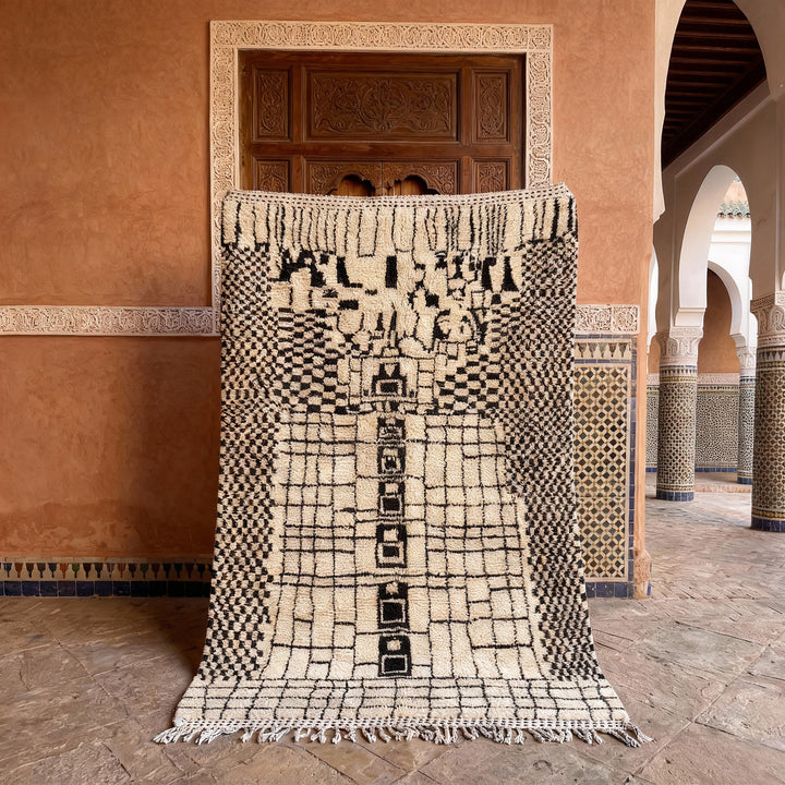 Cream & Black Dense Central Geometric Grid Custom Moroccan Rug - Africancreates