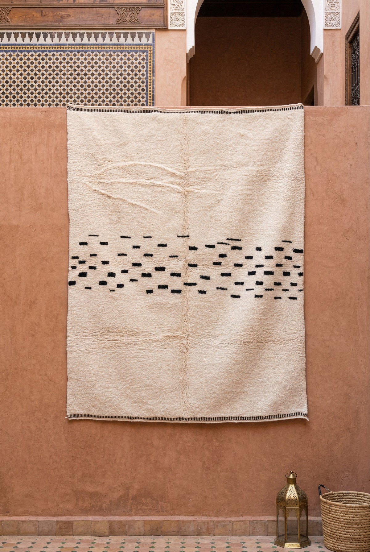 Cream & Black Dotted Middle Band Custom Moroccan Rug - Africancreates