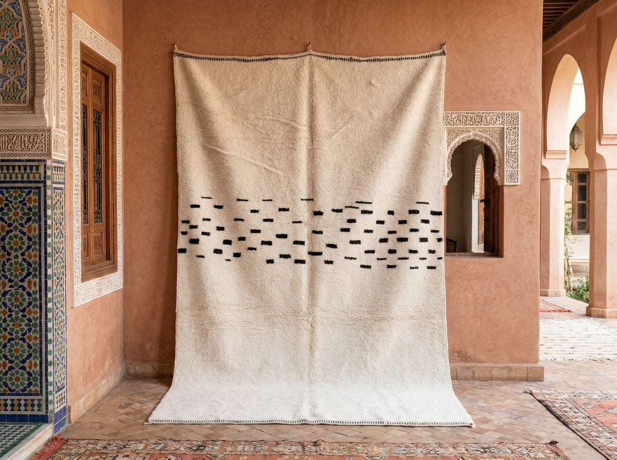 Cream & Black Dotted Middle Band Custom Moroccan Rug - Africancreates