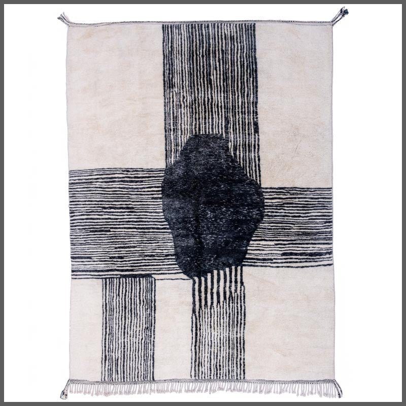 Cream & Black Fine Striped Cross Oval Custom Moroccan Rug - Africancreates