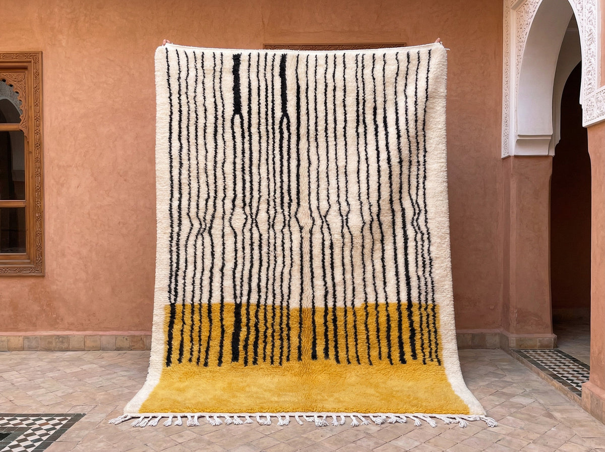 Cream & Black Fine Stripes Mustard End Custom Moroccan Rug - Africancreates