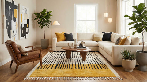 Cream & Black Fine Stripes Mustard End Custom Moroccan Rug - Africancreates