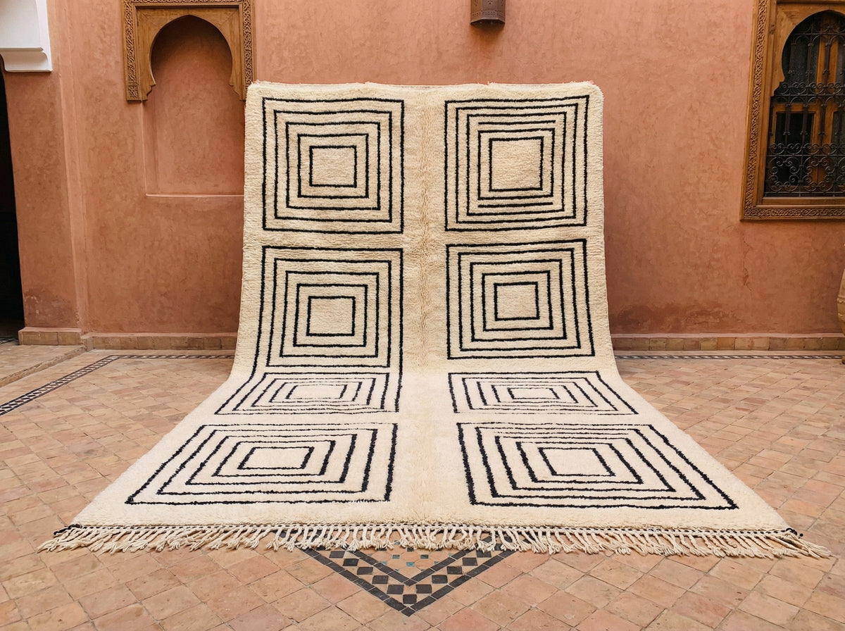 Cream & Black Four Concentric Squares Custom Moroccan Rug - Africancreates