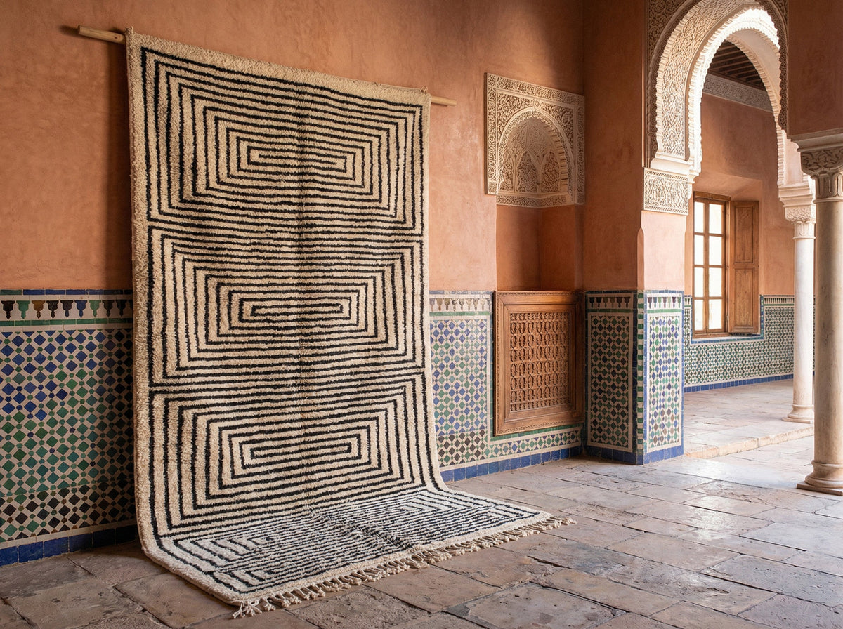 Cream & Black Four Concentric Squares Custom Moroccan Rug - Africancreates