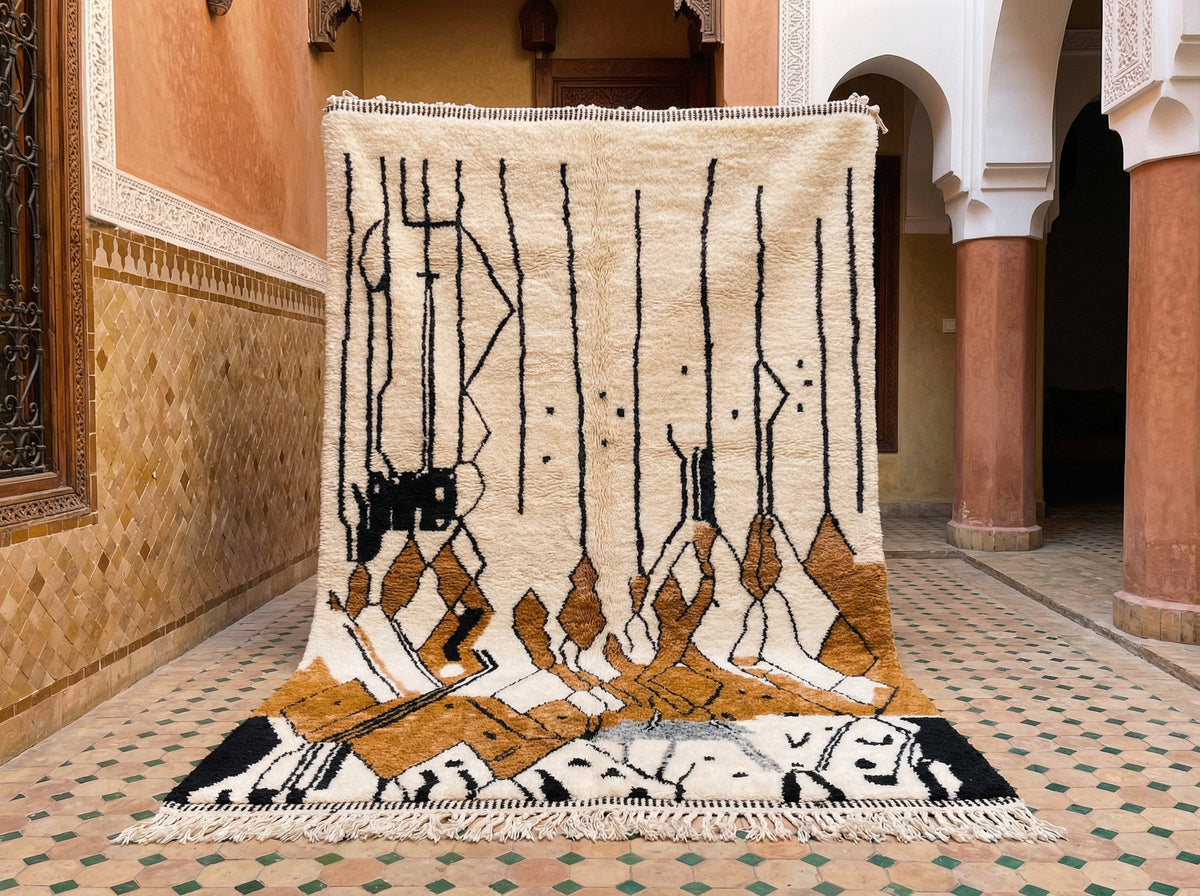 Cream, Black & Gold Hanging Diamond Lines Custom Moroccan Rug - Africancreates