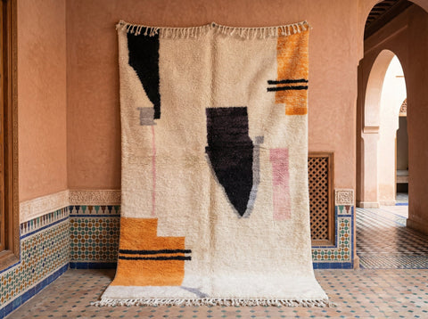 Cream, Black, Ochre & Pink Abstract Marks Custom Moroccan Rug - Africancreates