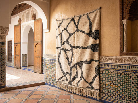 Cream & Black Thick Irregular Web Custom Moroccan Rug - Africancreates