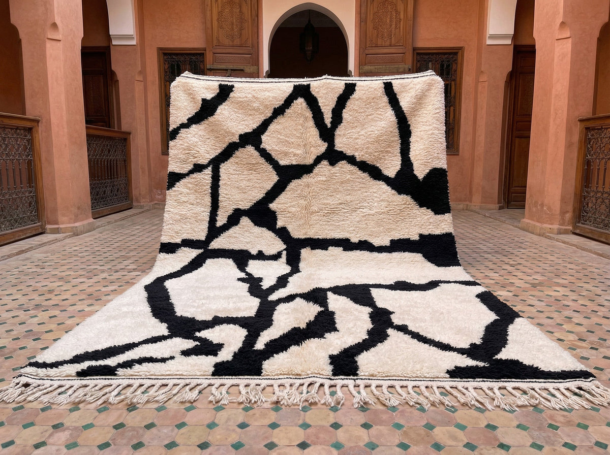 Cream & Black Thick Irregular Web Custom Moroccan Rug - Africancreates