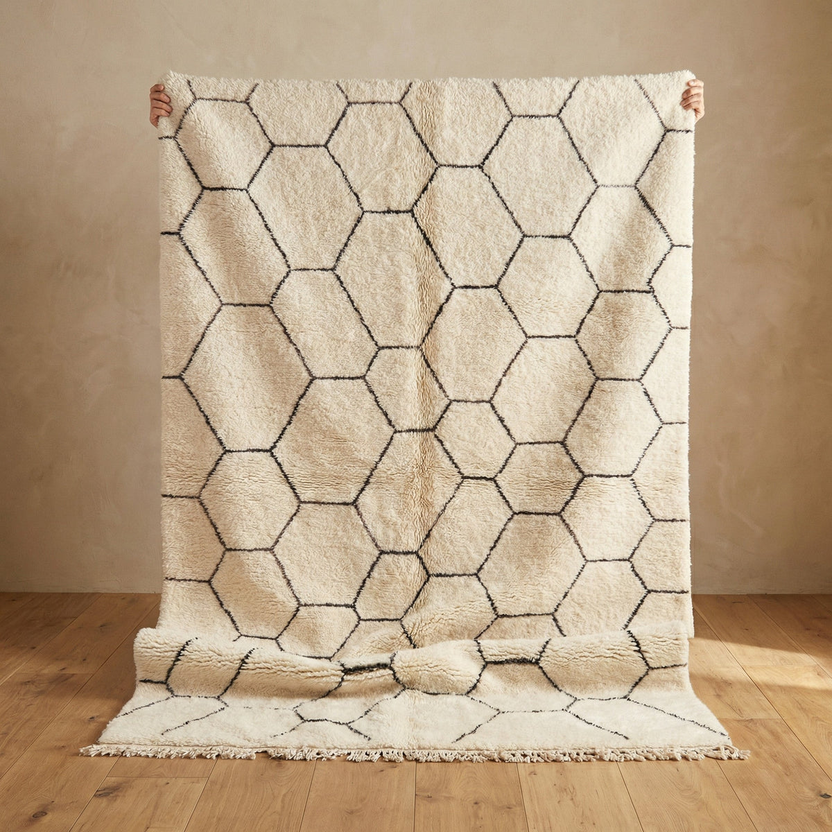Cream & Black Thin Honeycomb Custom Beni Ourain Moroccan Rug - Africancreates