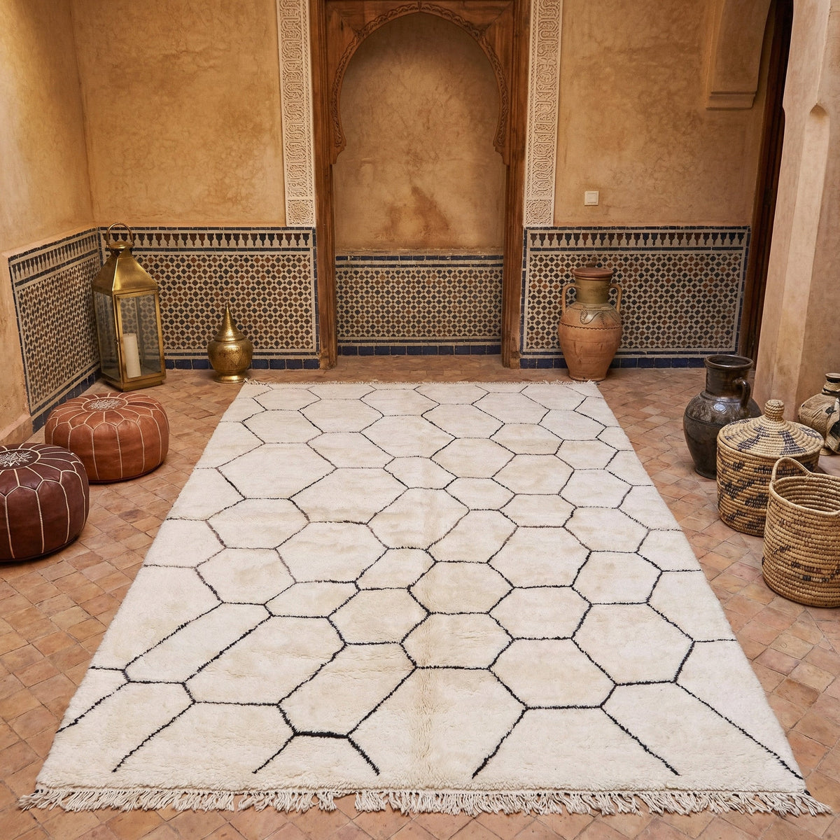 Cream & Black Thin Honeycomb Custom Beni Ourain Moroccan Rug - Africancreates